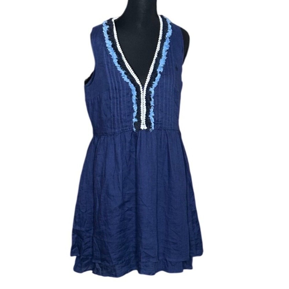 NWT Vineyard Vines Pintuck Linen Dress Deep Bay Blue Pom Pom Fringe Trim M